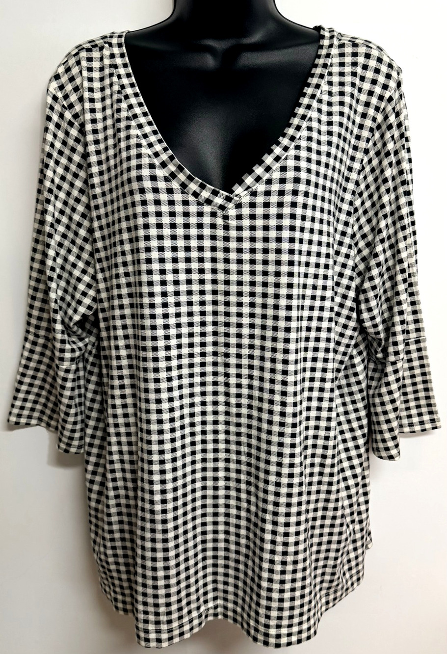 J.Jill Tunic Blouse Women's XL Black White Gingham Cotton Stretch V-Neck Top NEW